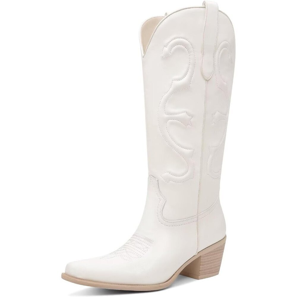 Women's White Mid Calf Cowgirl Pointed Toe Chunky Heel Fashion Cowboy Boots